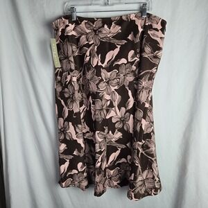 Kate Hill 22W Floral Silk Linen Lined A-Line Skirt Brown Pink Career Whimsy